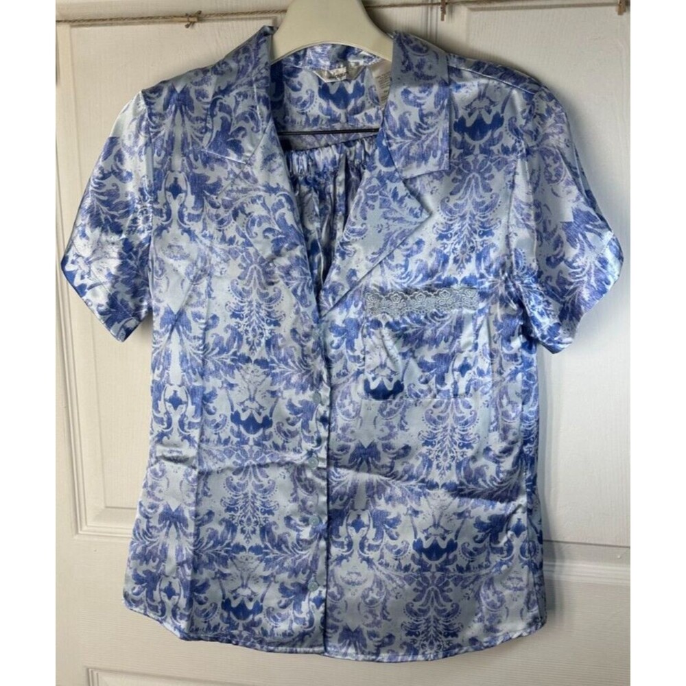 Adonna 2Piece Satin Pajamas Size Small Short Set Blue Geometric Elastic Waist